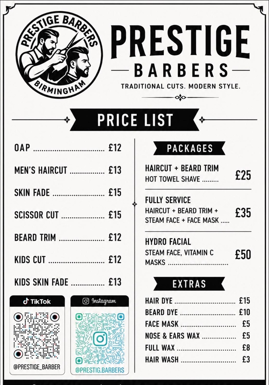 Prestige Barbers Stourbridge price list showing haircuts, packages and extras