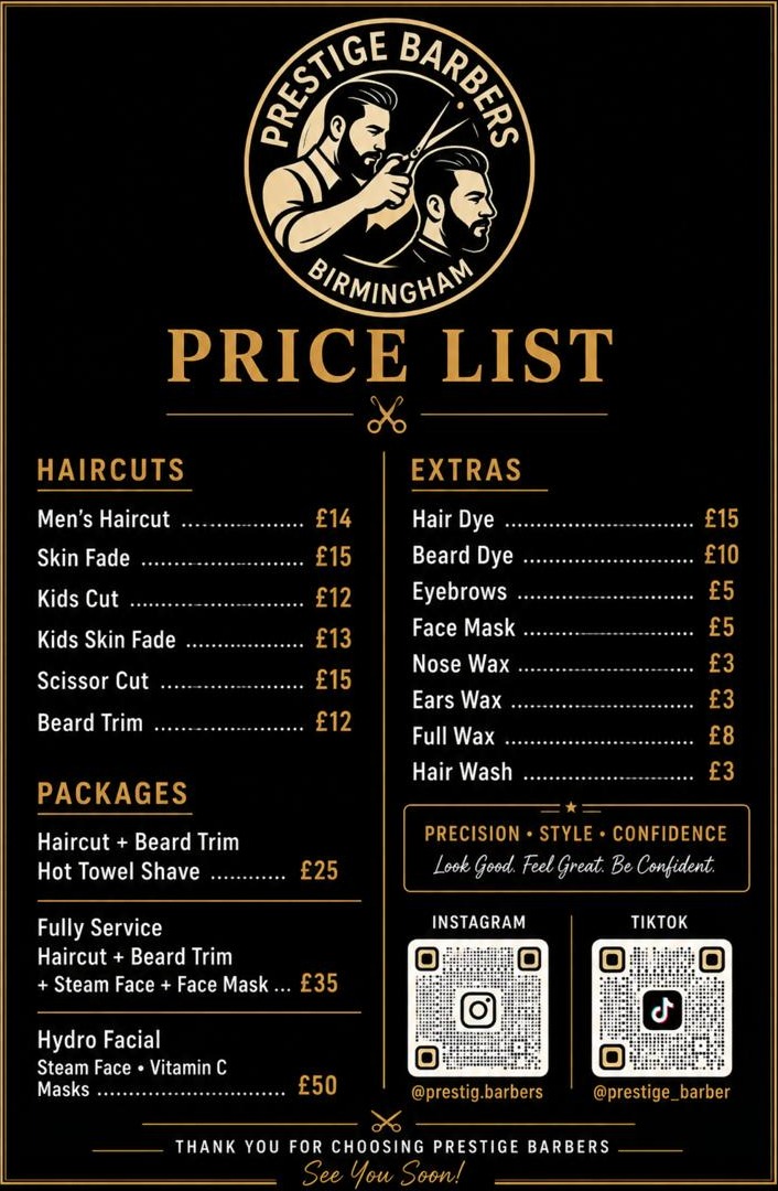 Prestige Barbers Yardley price list showing haircuts, packages and extras